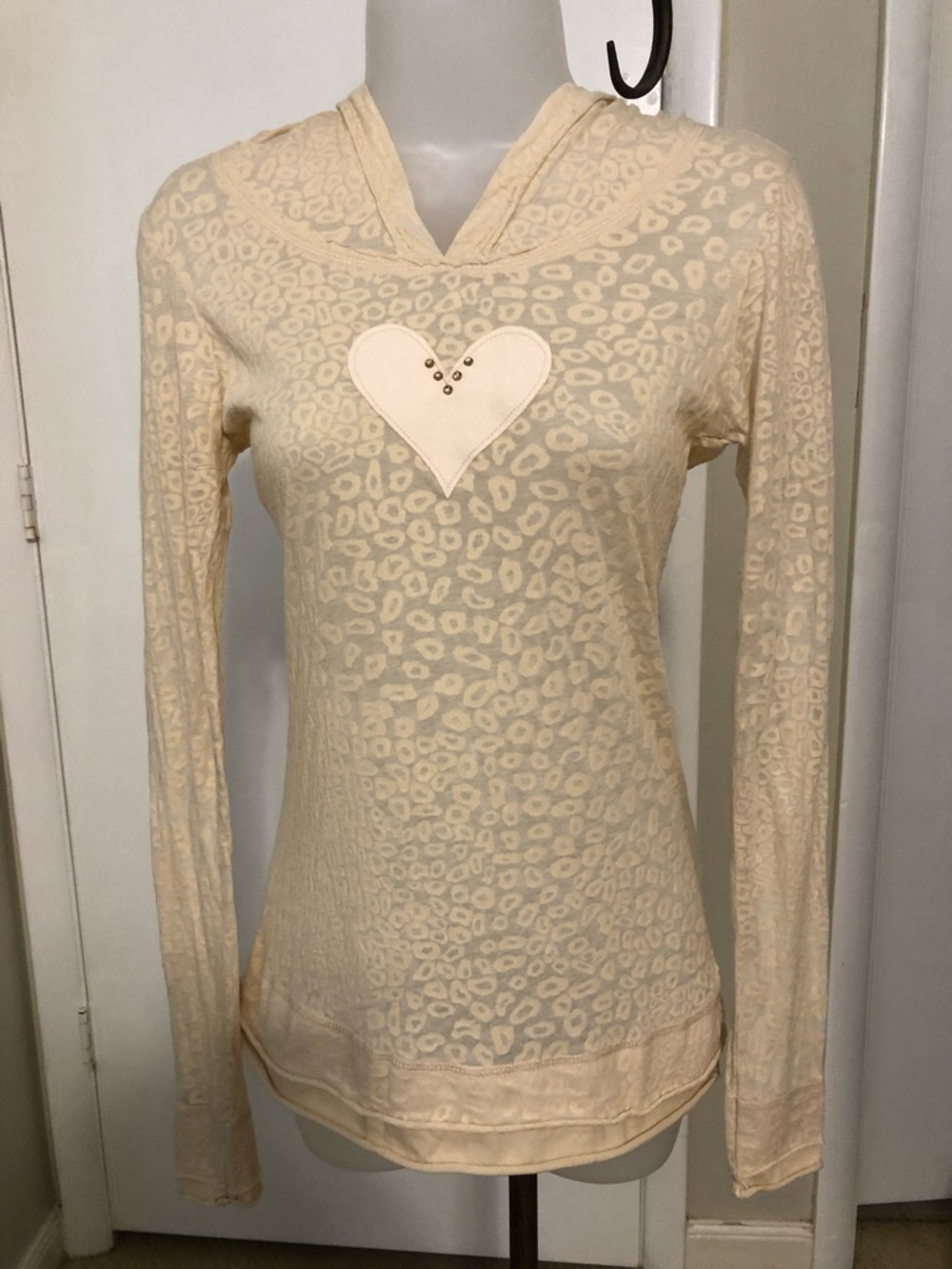 Women’s Cream Leopard-Print Hoodie with Heart Applique